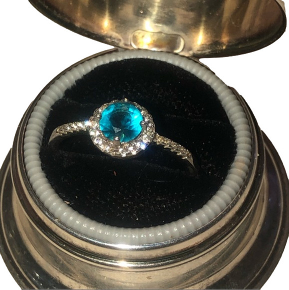 STERLING Silver Blue & White CZ Halo Engagement Statement Ring Sz 9.75 - Picture 5 of 12